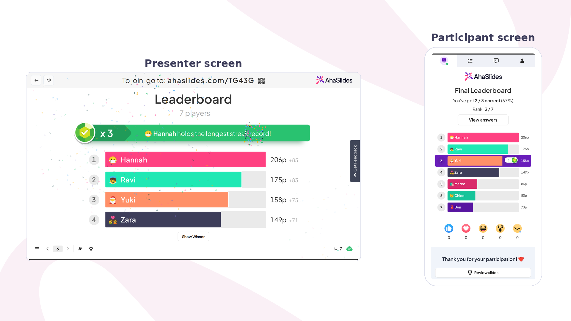 Clasificación de un quiz de AhaSlides en la pantalla del presentador junto a la pantalla del participante, que muestra su posición y sus respuestas correctas