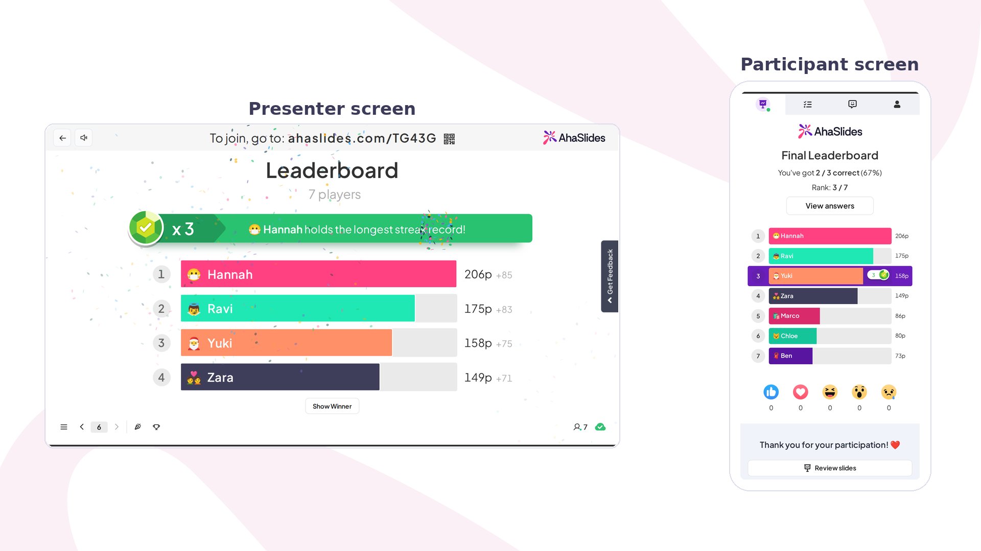 Clasificación de un quiz de AhaSlides en la pantalla del presentador junto a la pantalla del participante, que muestra su posición y sus respuestas correctas