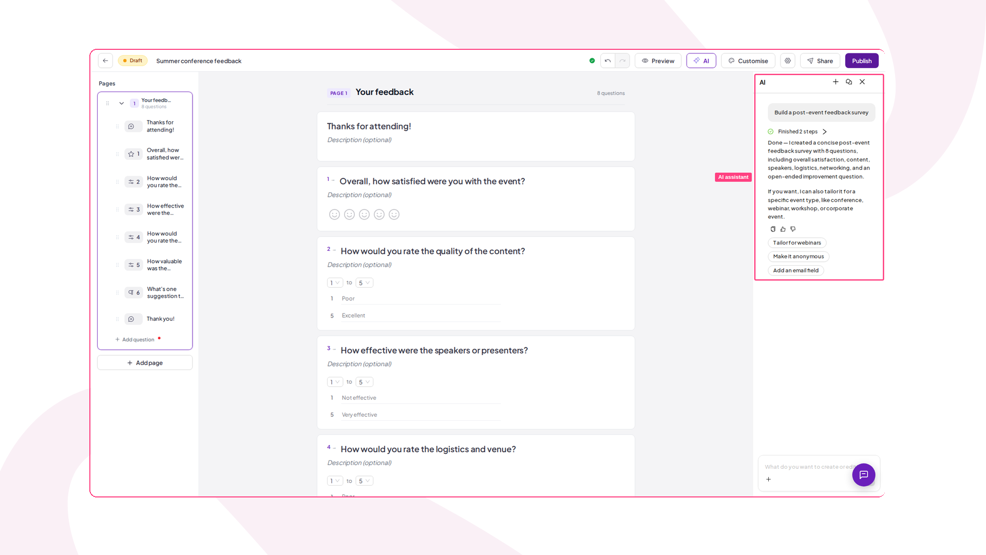 AhaSlides Survey editor with the AI assistant panel highlighted after drafting a feedback survey