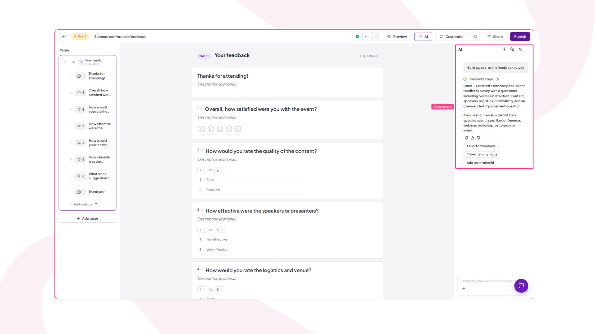 AhaSlides Survey editor with the AI assistant panel highlighted after drafting a feedback survey