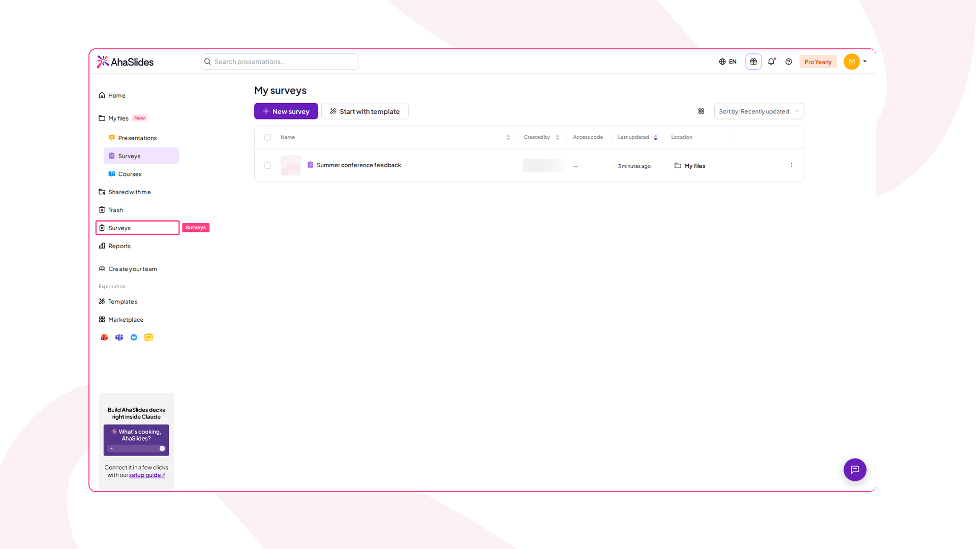 AhaSlides dashboard with Surveys highlighted in the left-hand menu