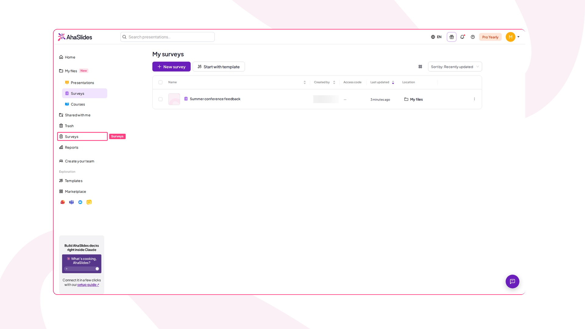 AhaSlides dashboard with Surveys highlighted in the left-hand menu