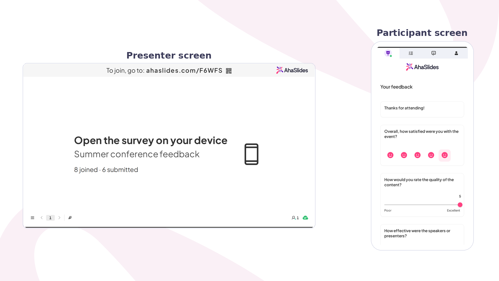 AhaSlides Survey slide live on the presenter screen while a participant answers on their phone