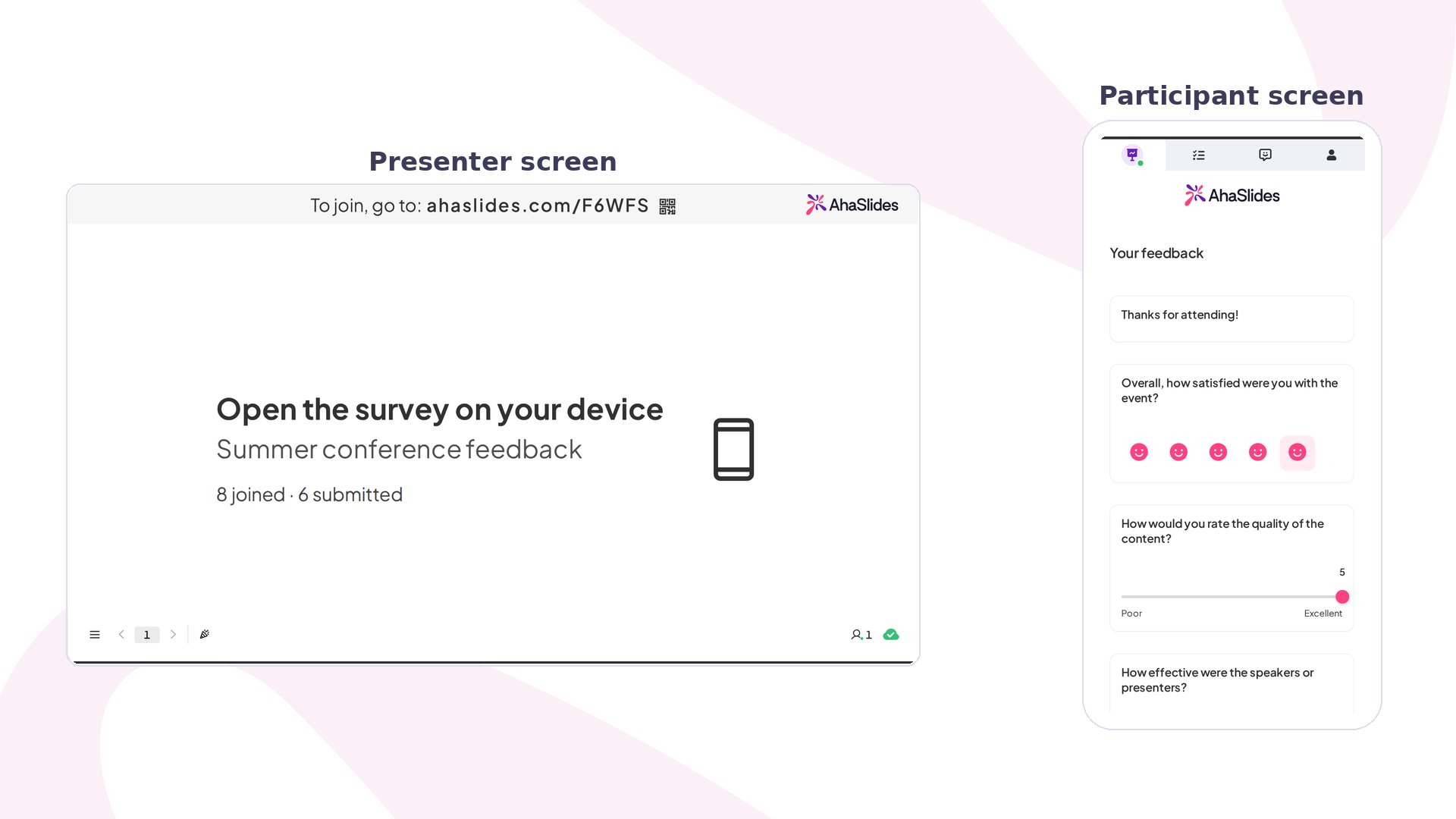 AhaSlides Survey slide live on the presenter screen while a participant answers on their phone
