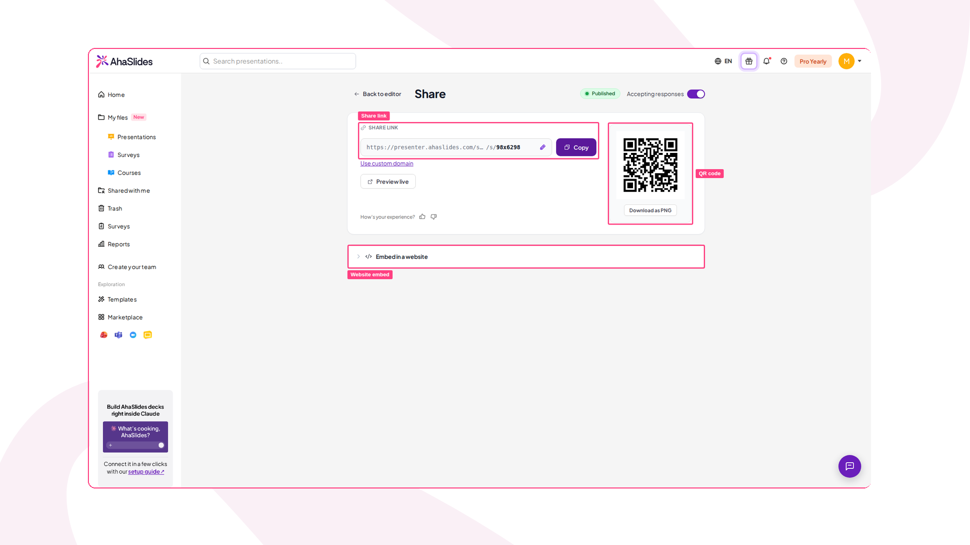 AhaSlides Survey Share page with the share link, QR code and website embed highlighted