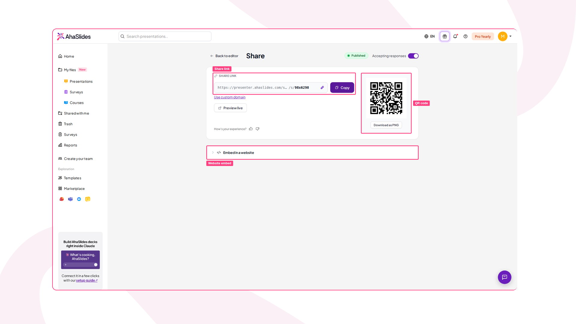 AhaSlides Survey Share page with the share link, QR code and website embed highlighted