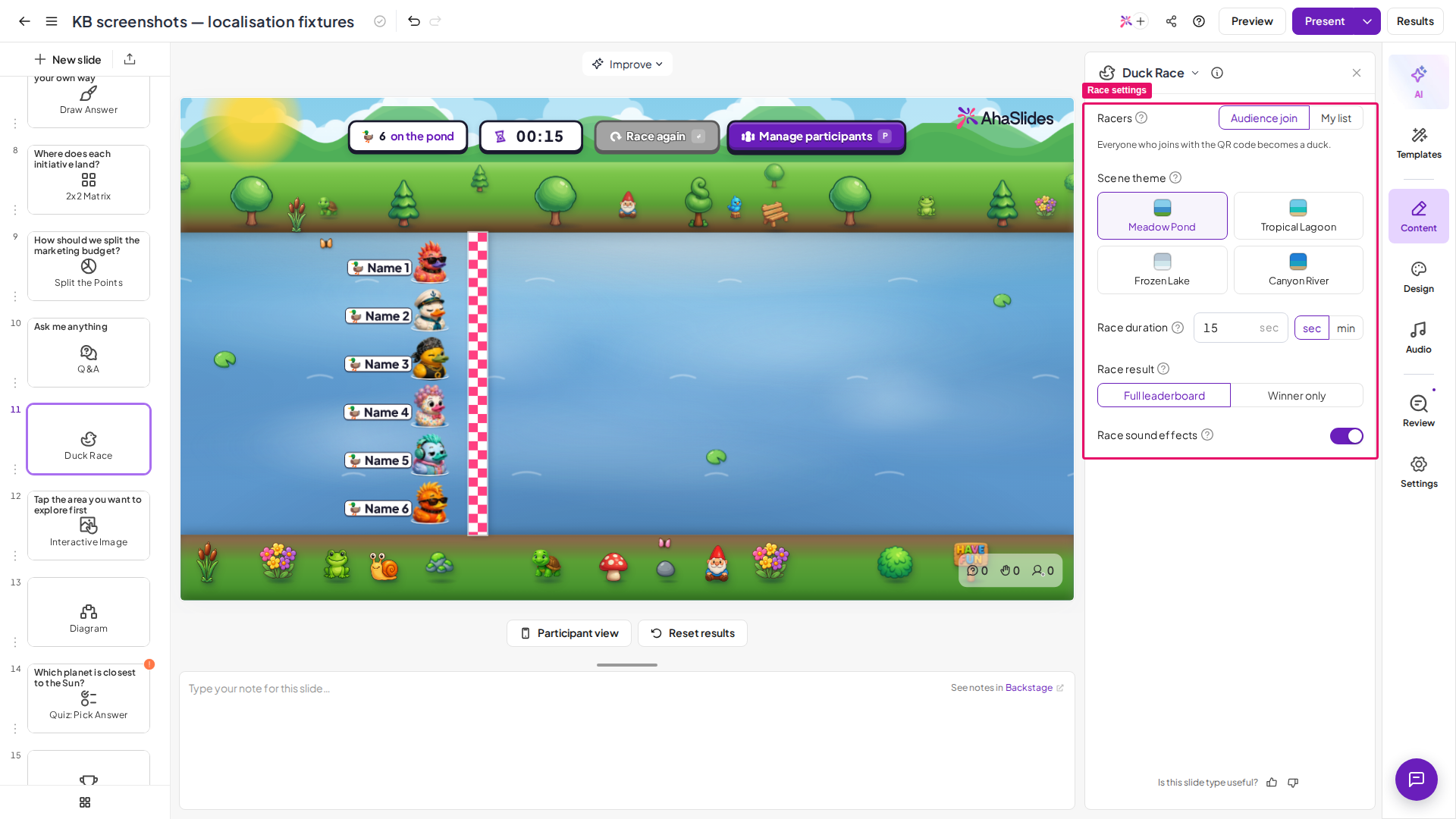 De AhaSlides-dia Duck Race in de editor met het paneel met raceinstellingen gemarkeerd
