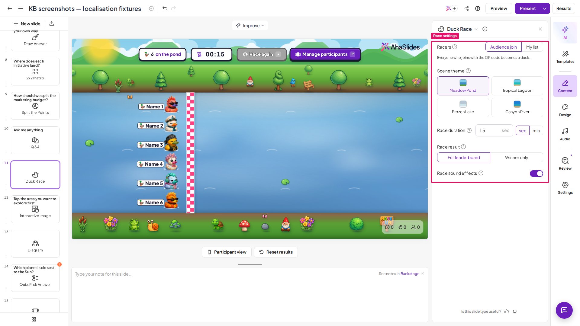 De AhaSlides-dia Duck Race in de editor met het paneel met raceinstellingen gemarkeerd