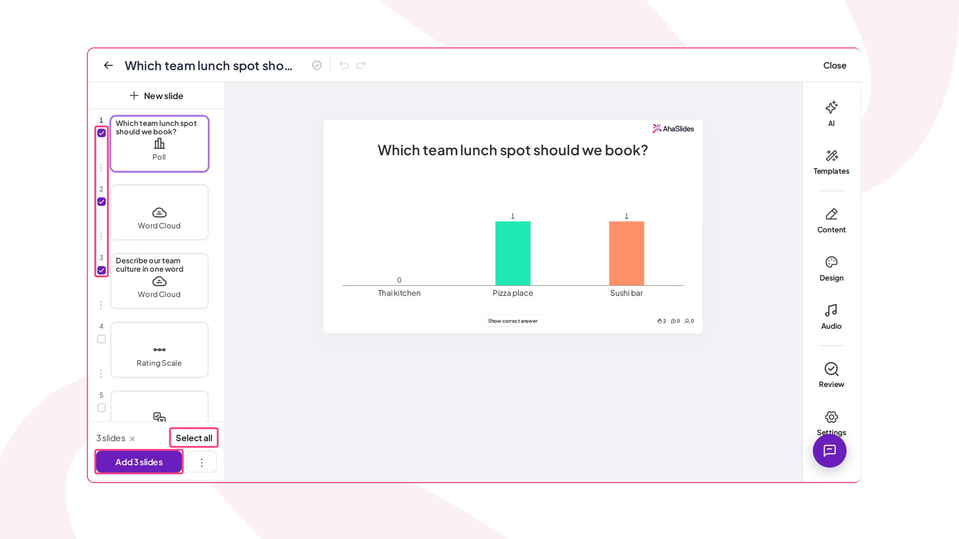 La fenêtre du complément AhaSlides dans PowerPoint avec trois diapositives cochées, et Tout sélectionner et Add 3 slides mis en évidence