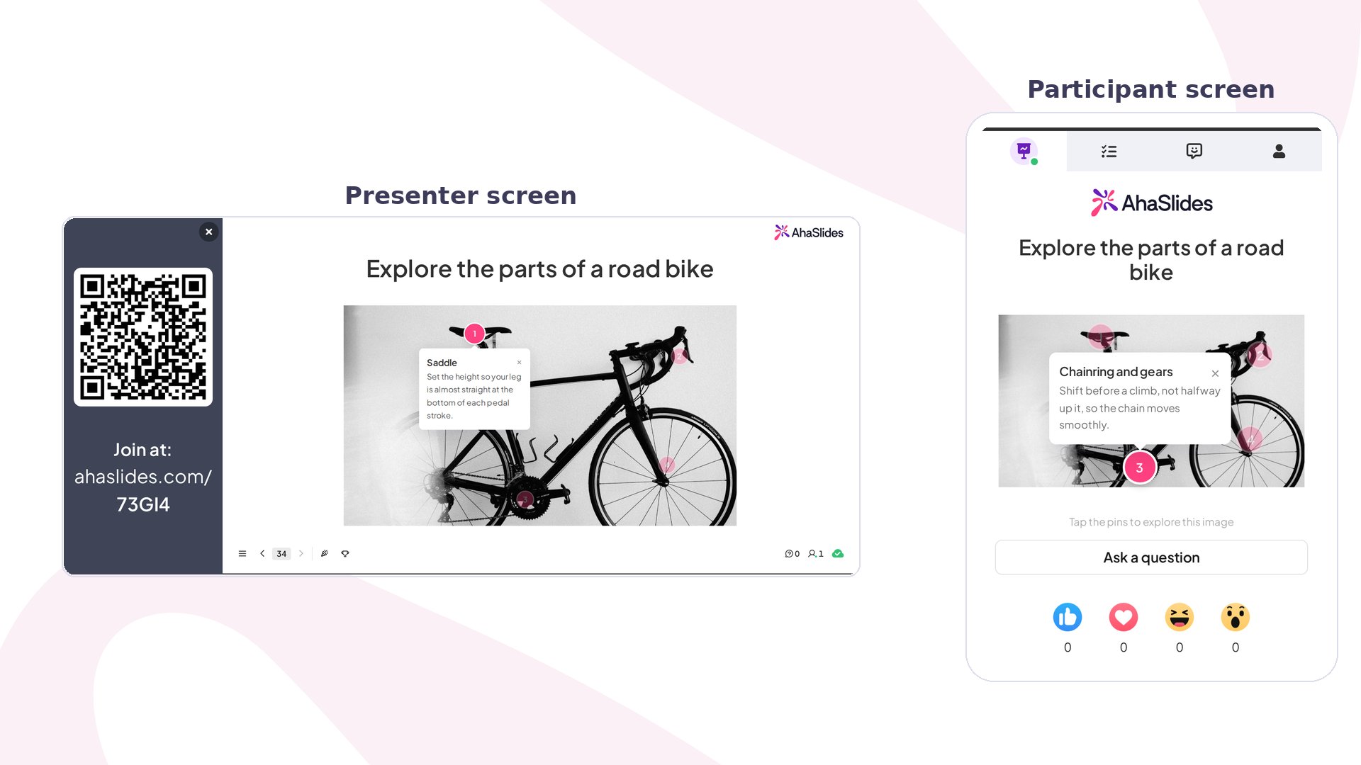 AhaSlides Interactive Image presented: road bike photo with numbered hotspots and a note on presenter and participant screens
