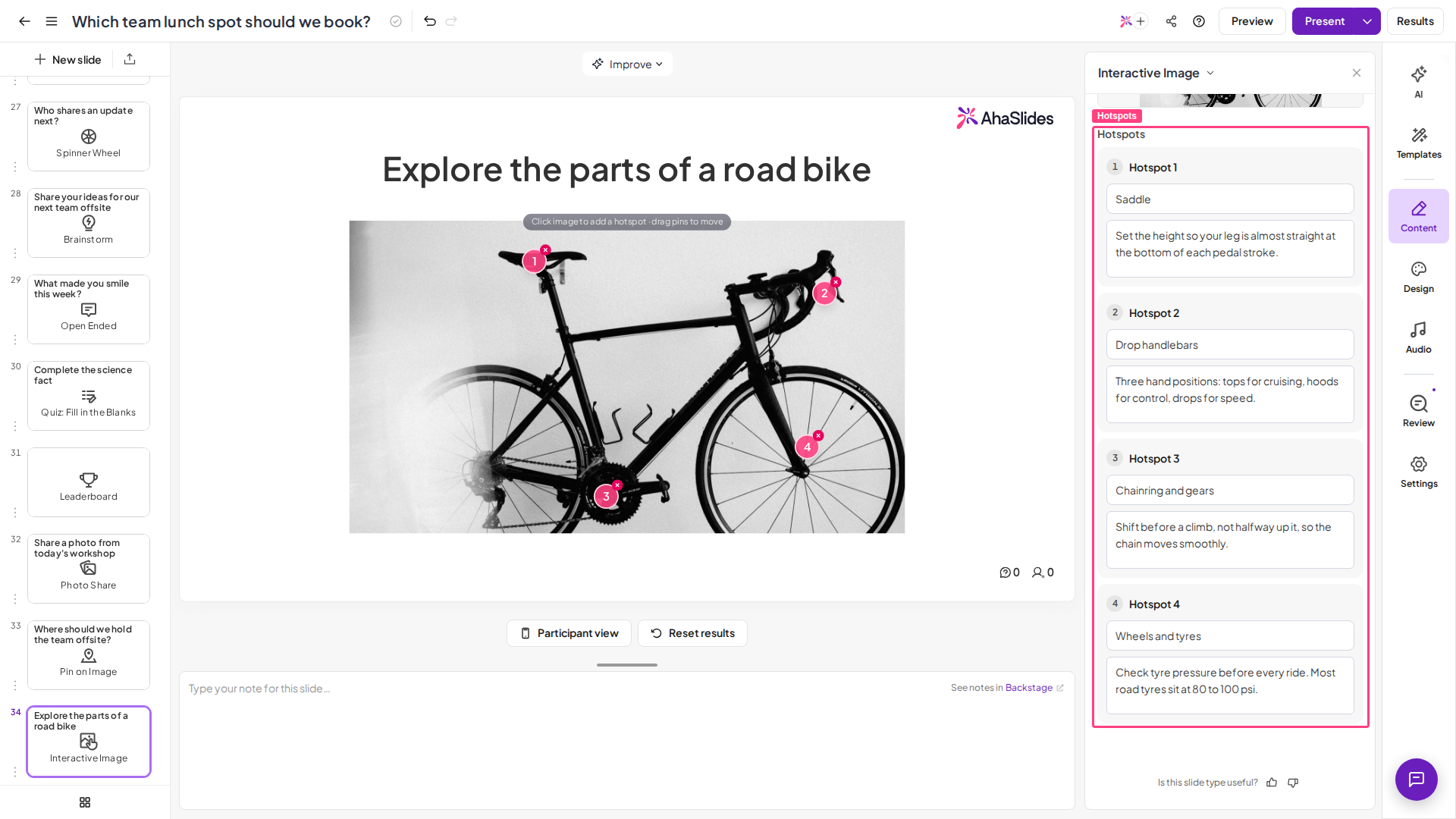 AhaSlides Interactive Image editor with four numbered hotspots on a road bike photo and the Hotspots panel highlighted