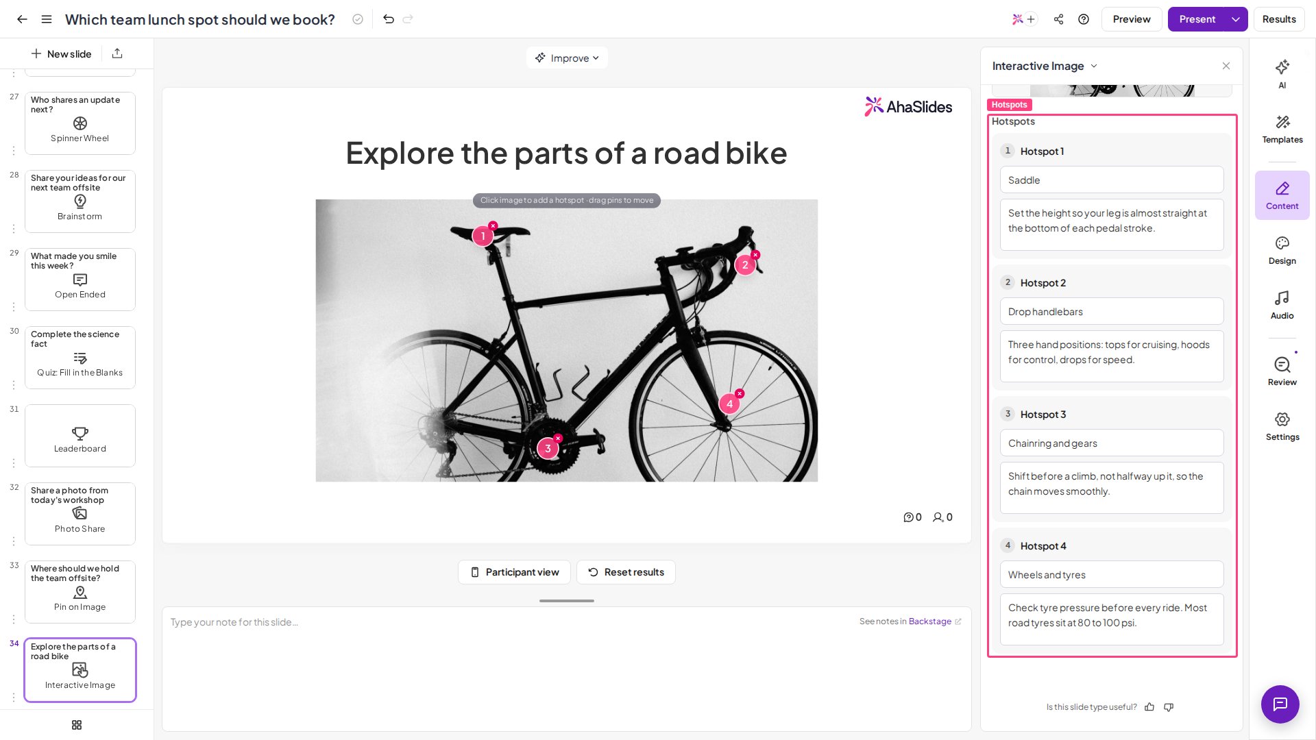AhaSlides Interactive Image editor with four numbered hotspots on a road bike photo and the Hotspots panel highlighted