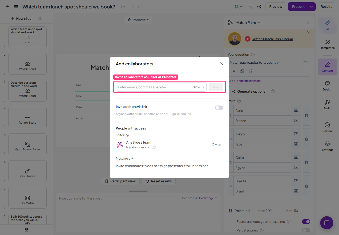 El cuadro de diálogo Añadir colaboradores del editor de AhaSlides, con el campo de correo electrónico y el selector de rol Editor resaltados