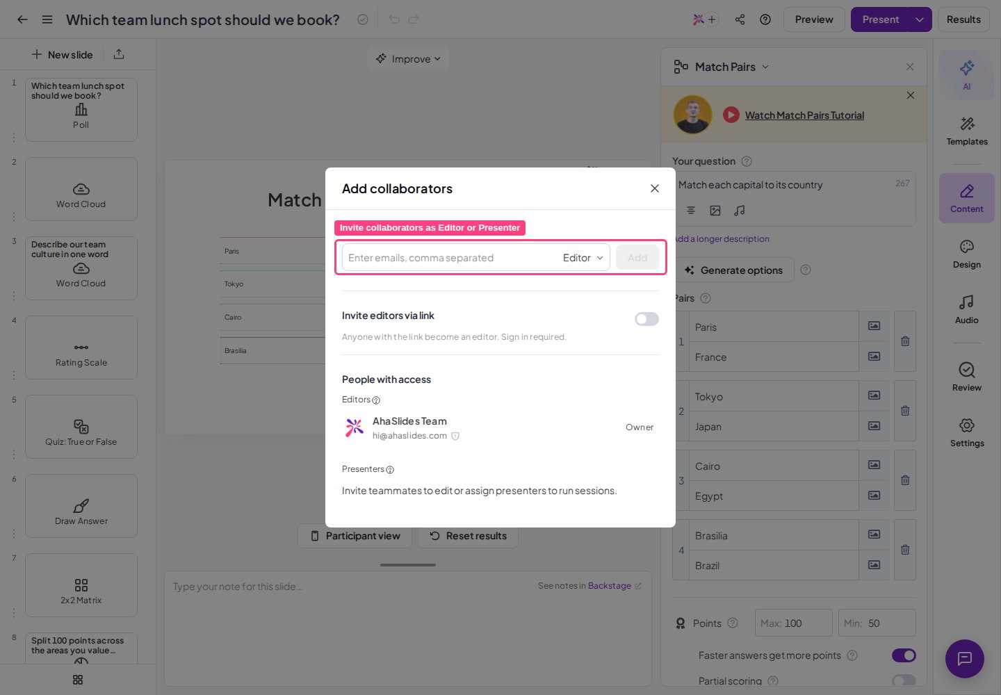 El cuadro de diálogo Añadir colaboradores del editor de AhaSlides, con el campo de correo electrónico y el selector de rol Editor resaltados