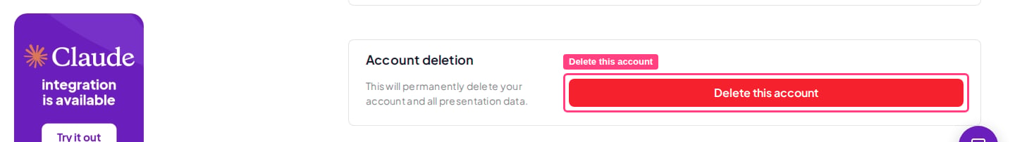 La sección Account deletion de la configuración de la cuenta de AhaSlides, con el botón Delete this account resaltado