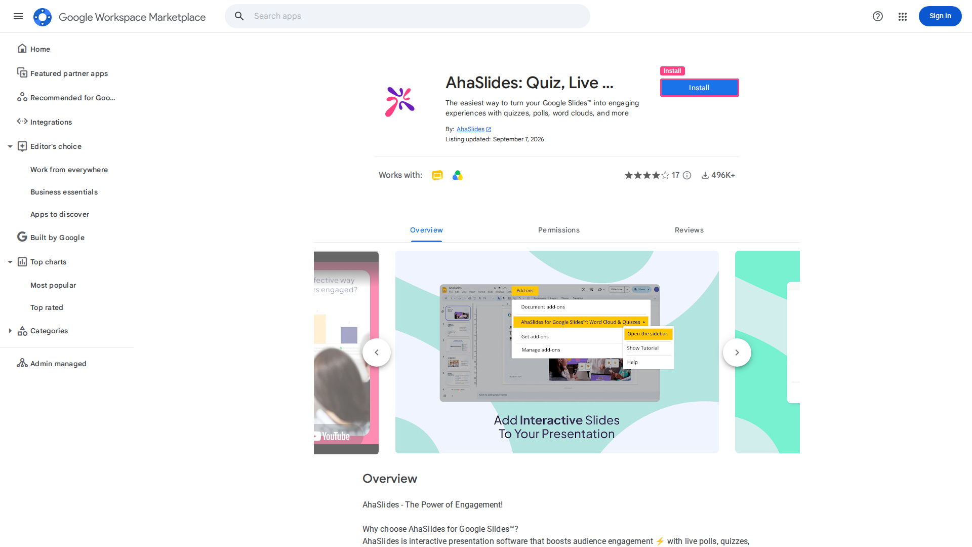 La ficha de AhaSlides en Google Workspace Marketplace, con el botón Install resaltado