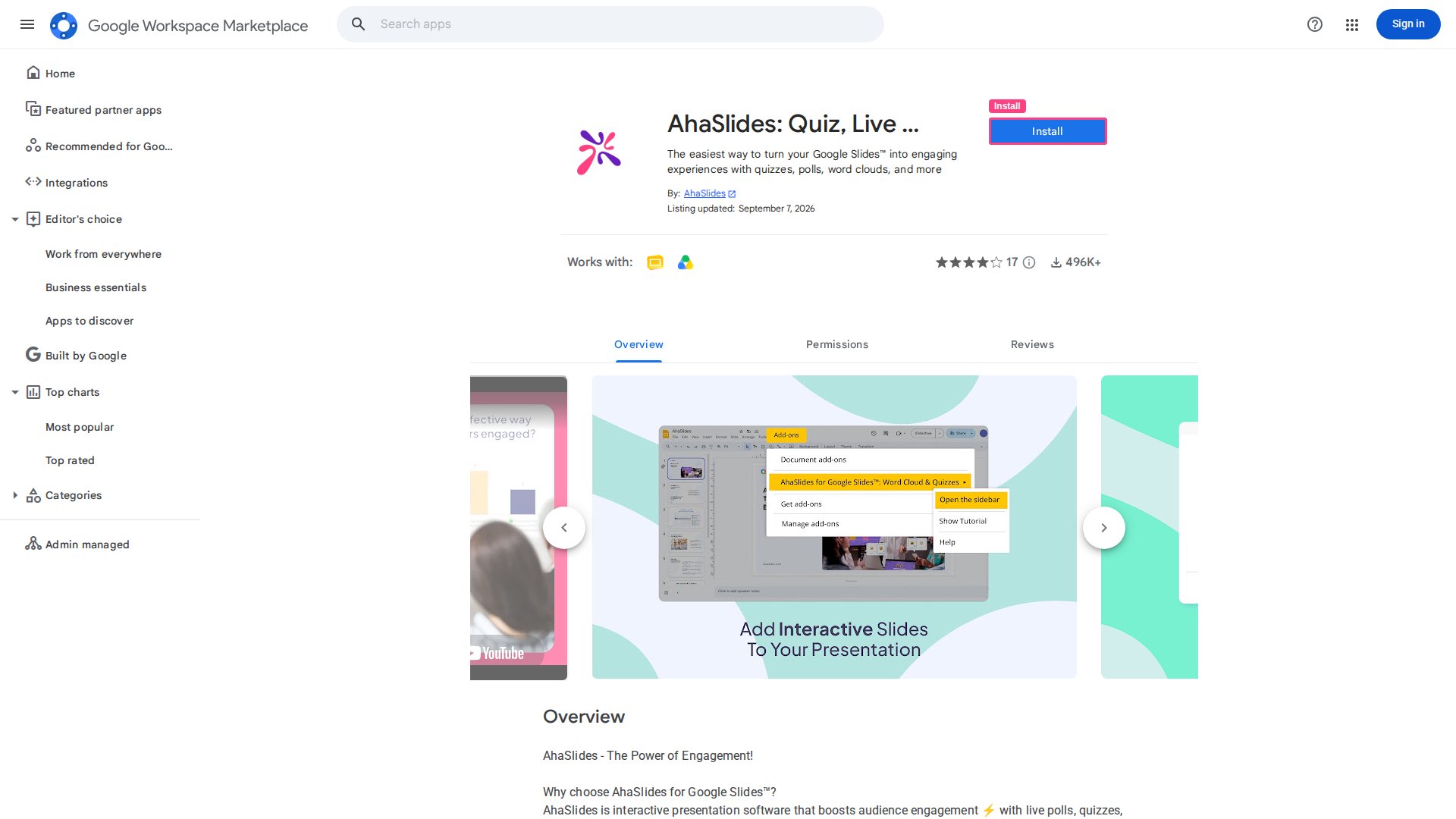 La ficha de AhaSlides en Google Workspace Marketplace, con el botón Install resaltado