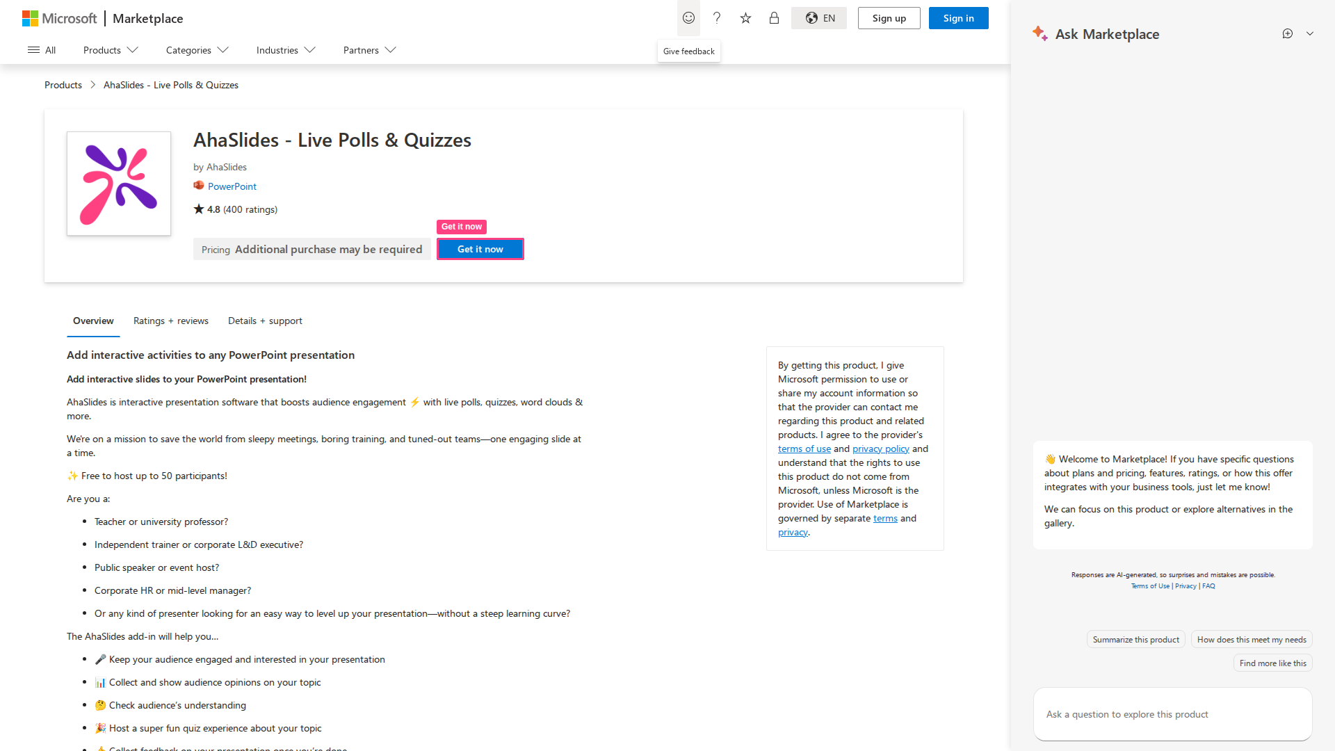 La fiche du complément AhaSlides Live Polls and Quizzes pour PowerPoint sur Microsoft Marketplace, avec Get it now mis en évidence