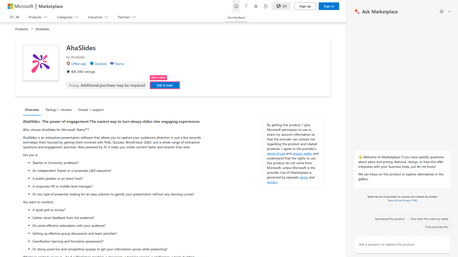 La ficha de AhaSlides en Microsoft Marketplace para Outlook y Teams, con el botón Get it now resaltado