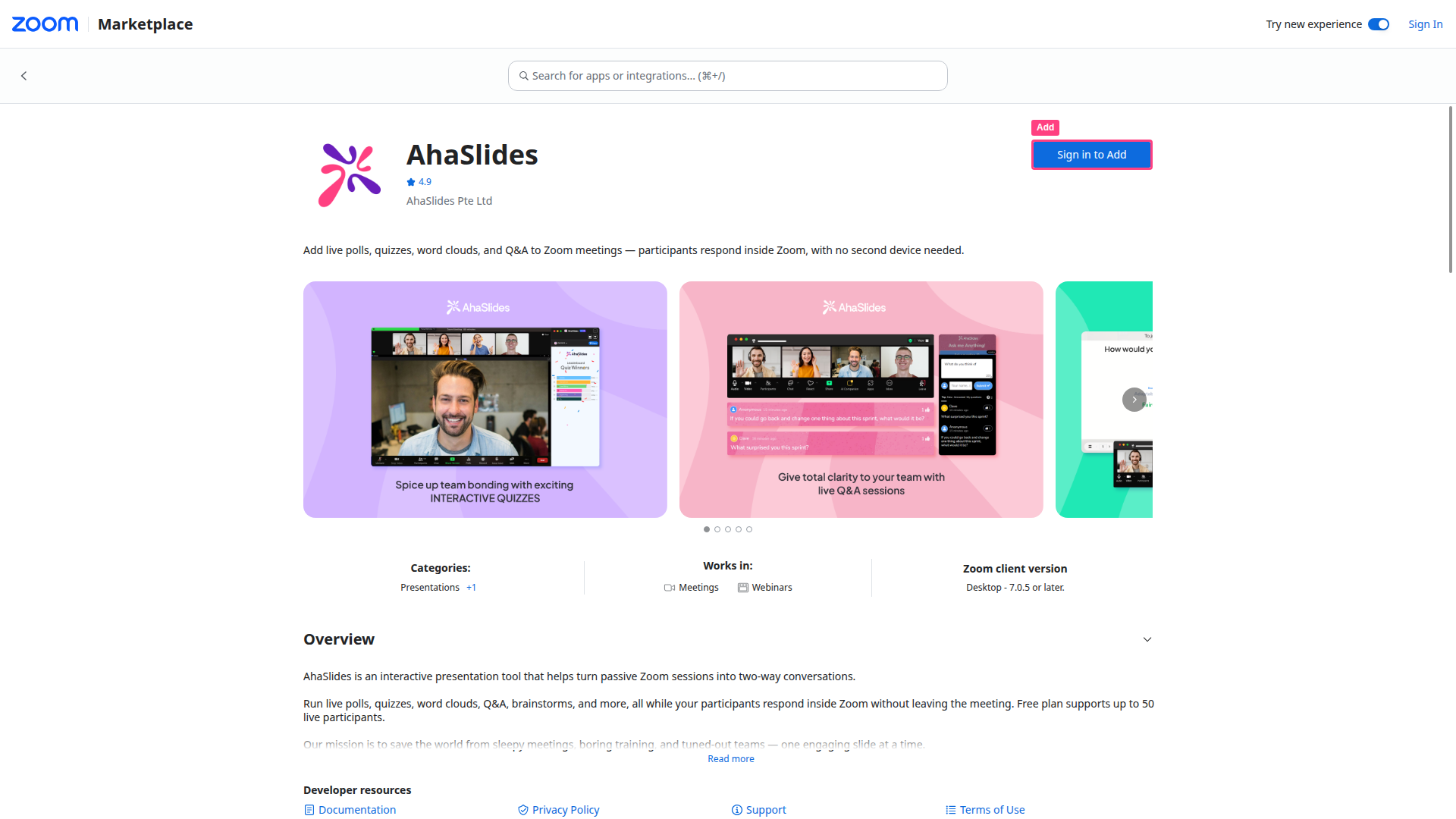 La ficha de AhaSlides en Zoom App Marketplace, con el botón Add resaltado