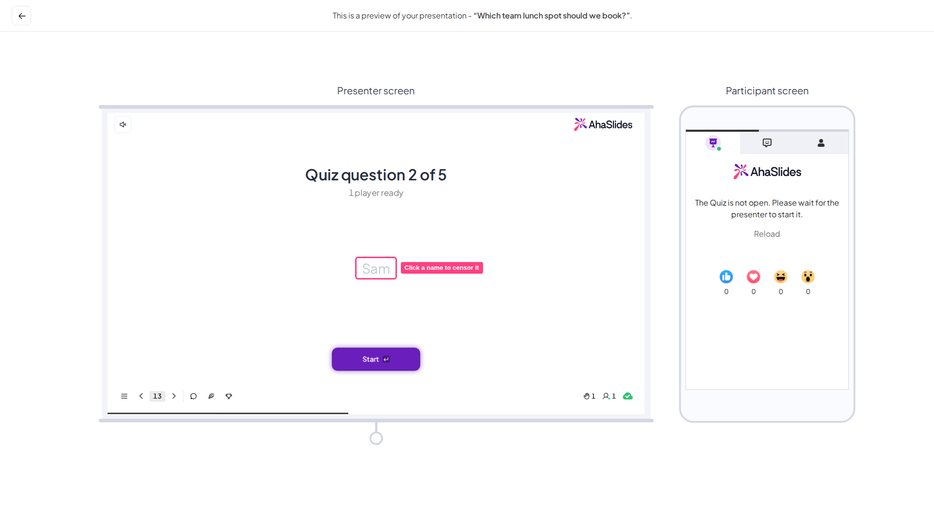 Écrans du présentateur et du participant dans le lobby d'un quiz AhaSlides, avec le nom du joueur Sam, qui vient de rejoindre, en surbrillance pour le censurer