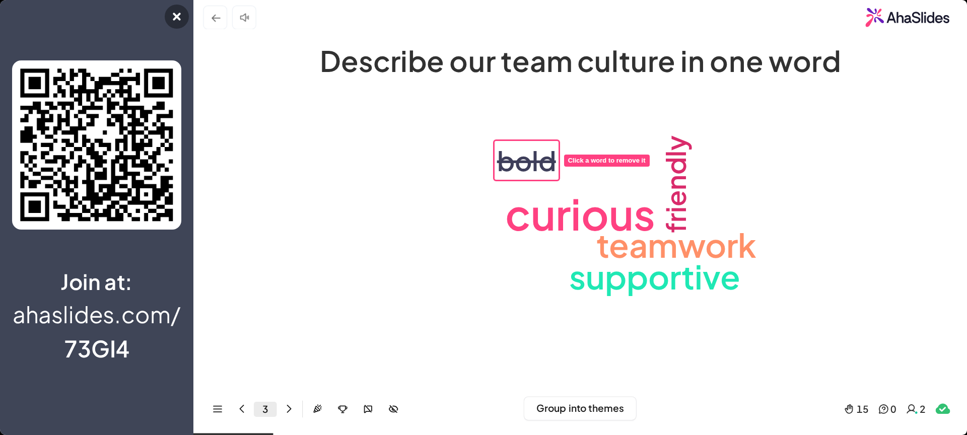 Una diapositiva Word Cloud en directo de AhaSlides con la palabra bold tachada y resaltada para mostrar que al hacer clic en ella se elimina