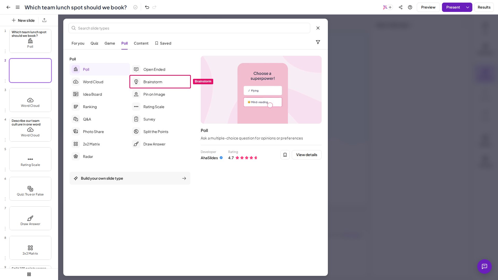 幻灯片类型选择器中已高亮显示的 AhaSlides Brainstorm 幻灯片类型