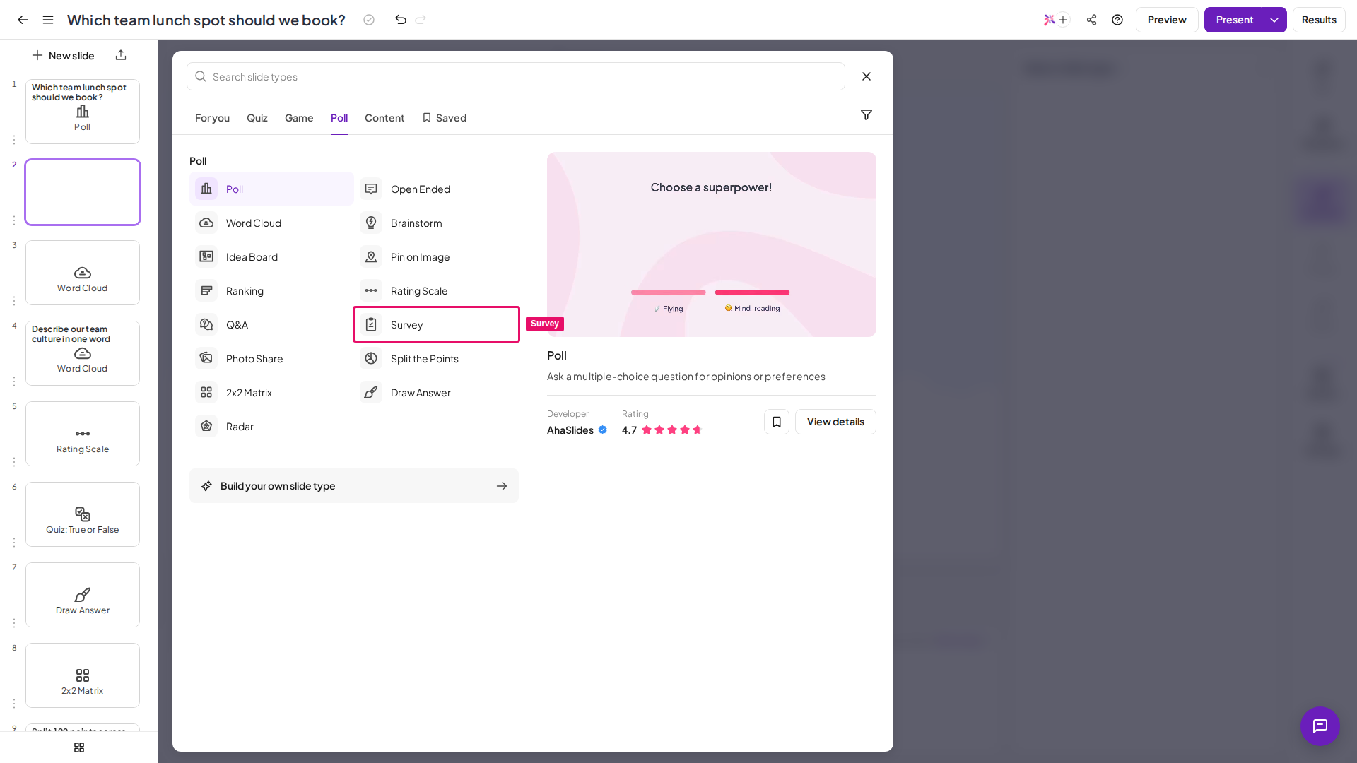 Het diatype AhaSlides Survey gemarkeerd in de diatypekiezer