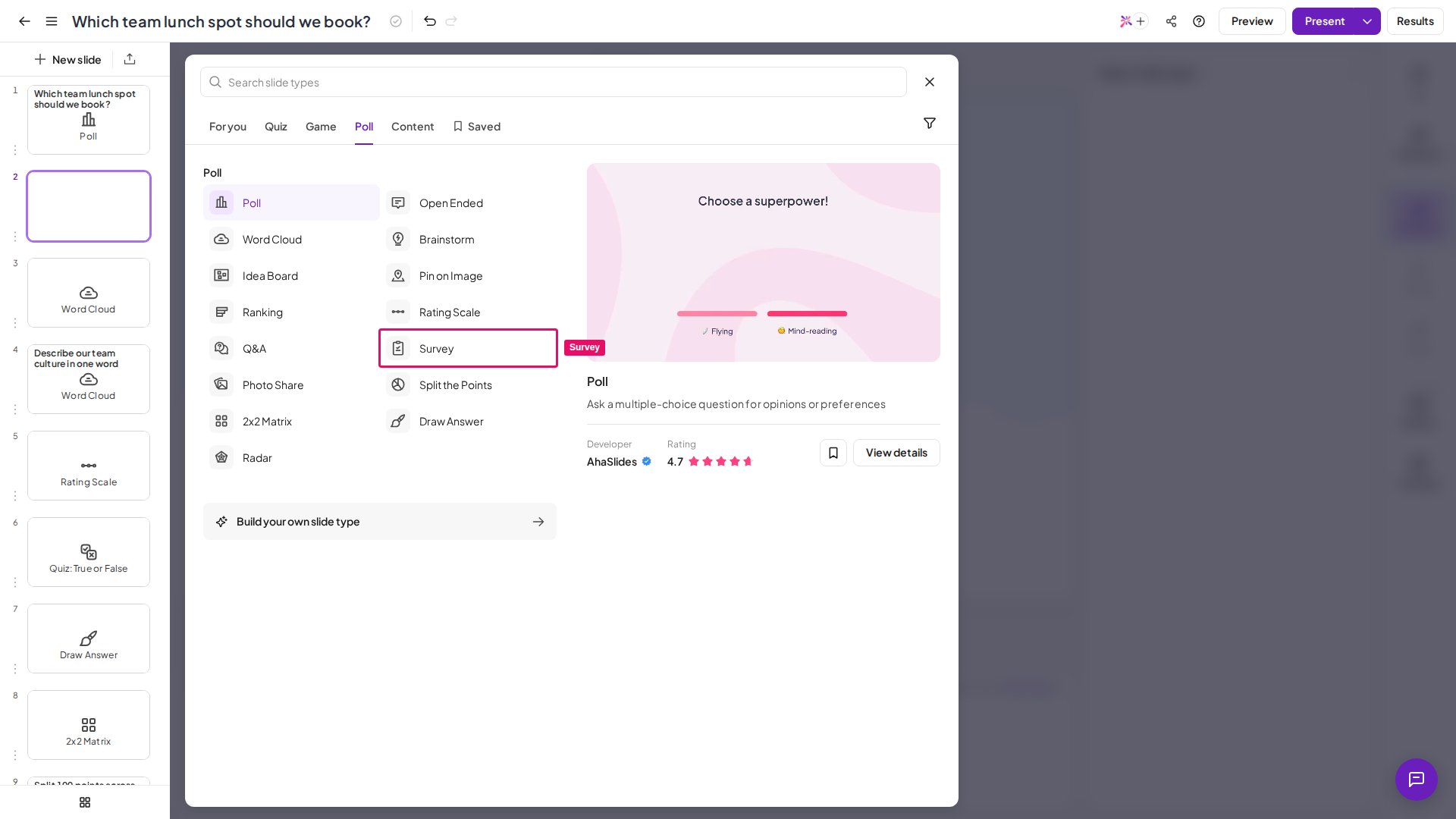 Het diatype AhaSlides Survey gemarkeerd in de diatypekiezer