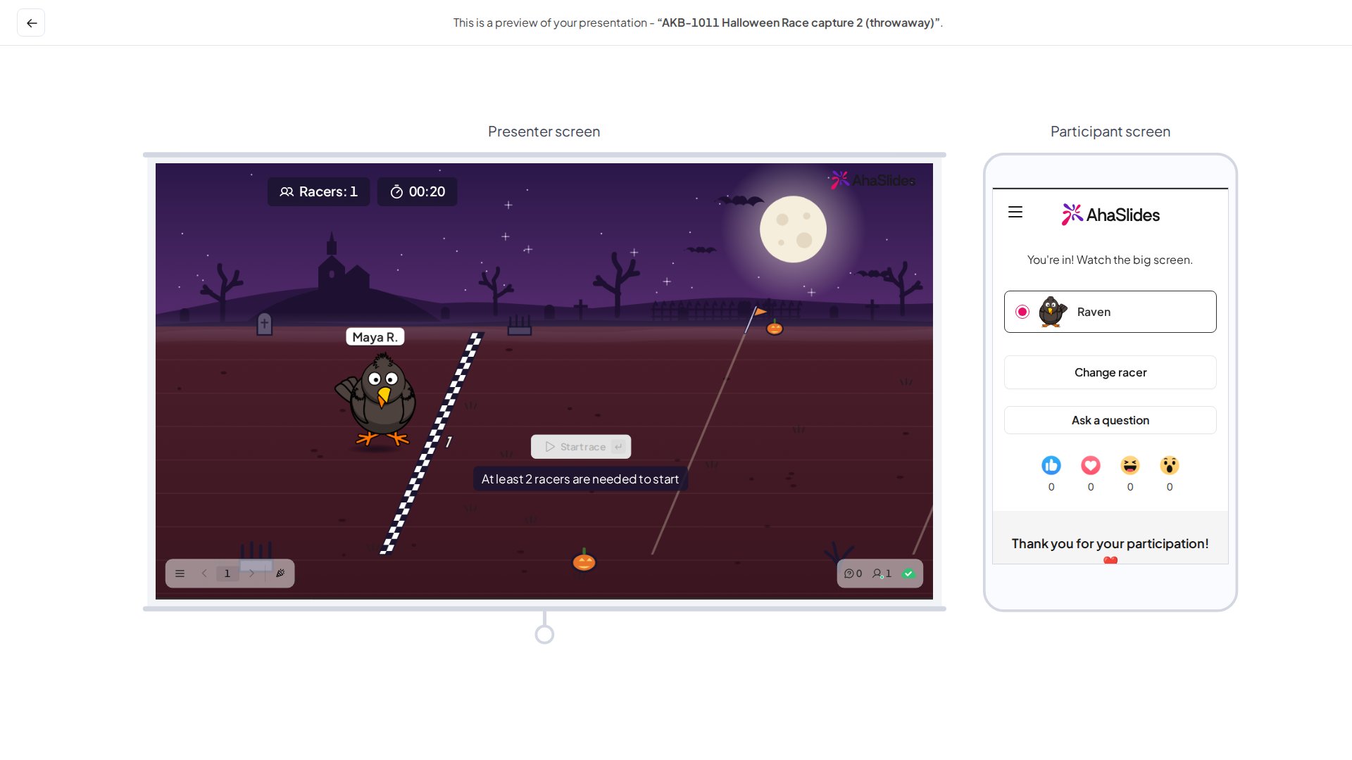 미리보기 모드의 AhaSlides Halloween Race 슬라이드. 발표자의 묘지 트랙과 참여자의 휴대폰 화면을 나란히 표시
