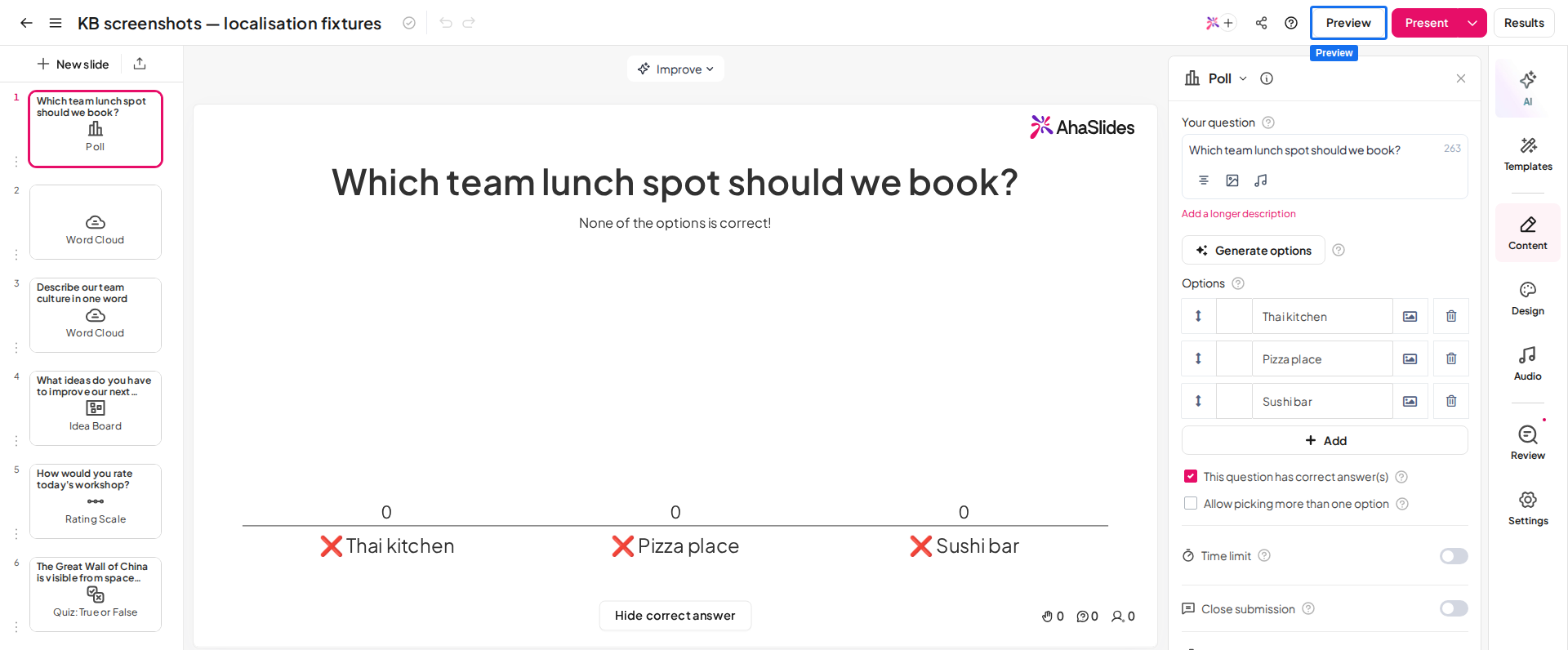 AhaSlides のプレゼンエディタ。上部バーの Preview ボタンが強調表示されています