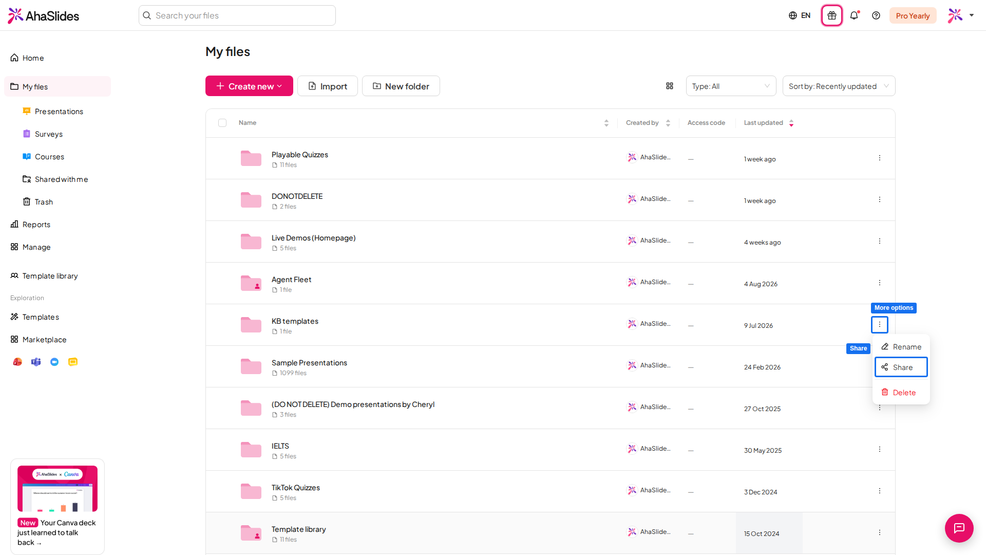 Das AhaSlides-Dashboard Meine Präsentationen mit geöffnetem Dreipunkte-Menü eines Ordners und hervorgehobener Option Teilen