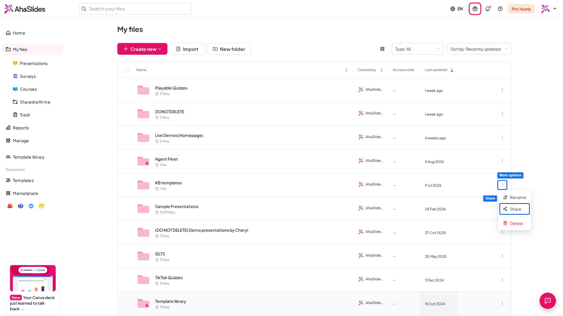Das AhaSlides-Dashboard Meine Präsentationen mit geöffnetem Dreipunkte-Menü eines Ordners und hervorgehobener Option Teilen
