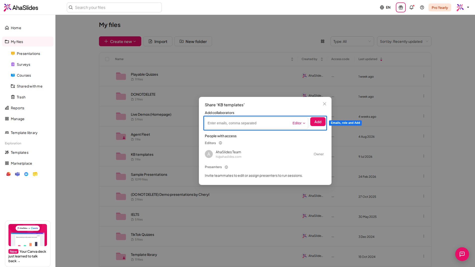 Das Fenster Teilen für einen Ordner in AhaSlides, in dem das E-Mail-Feld Mitarbeiter hinzufügen, das Rollen-Dropdown und die Schaltfläche hinzufügen hervorgehoben sind