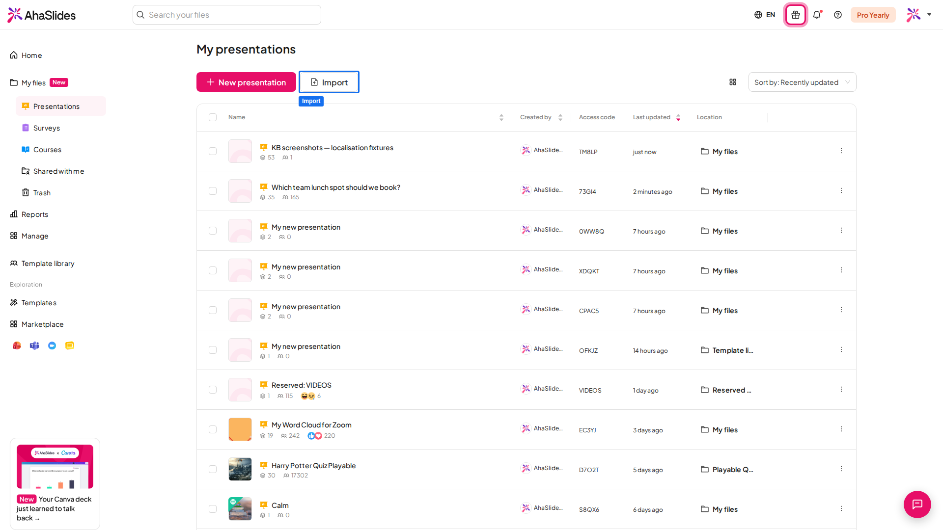 Das AhaSlides-Dashboard Meine Präsentationen mit hervorgehobener Schaltfläche Importieren