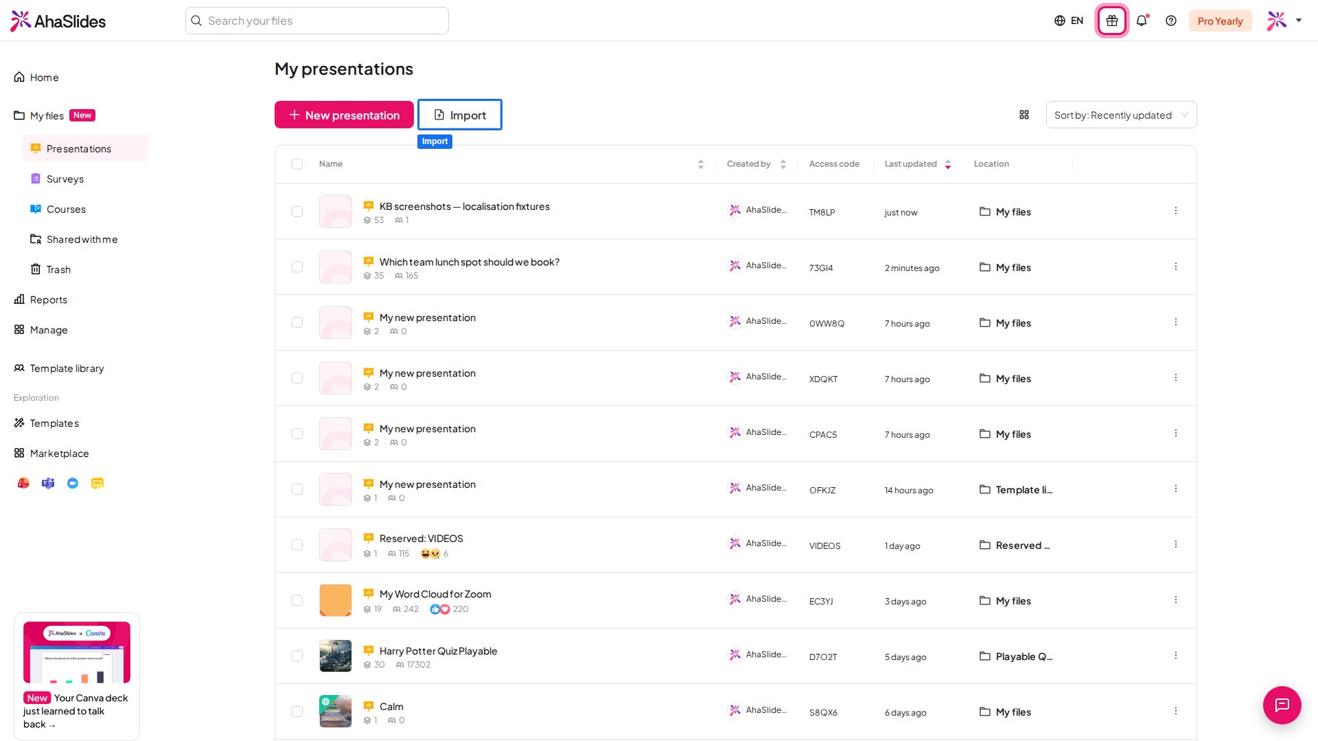 Das AhaSlides-Dashboard Meine Präsentationen mit hervorgehobener Schaltfläche Importieren