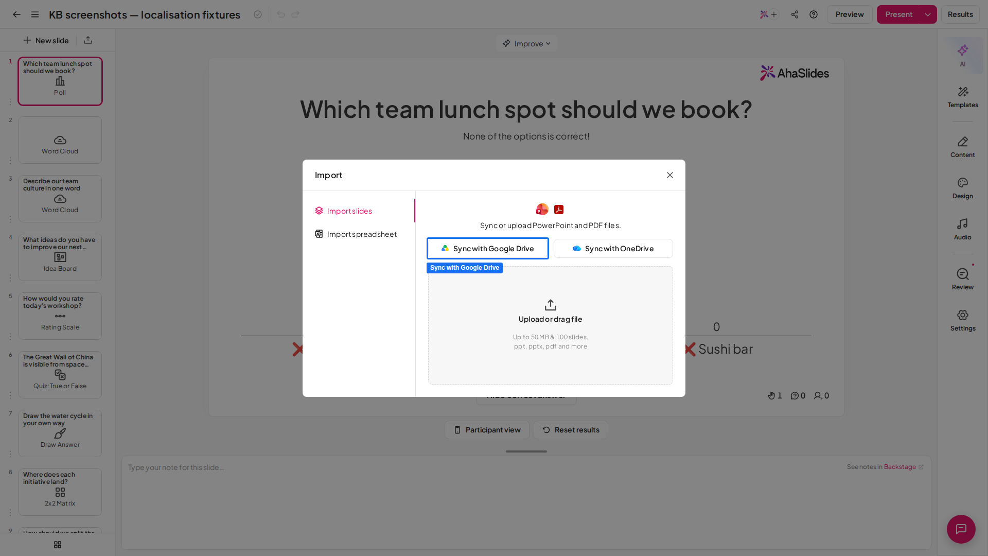 La finestra Importa slide di AhaSlides con l'opzione Sync with Google Drive evidenziata