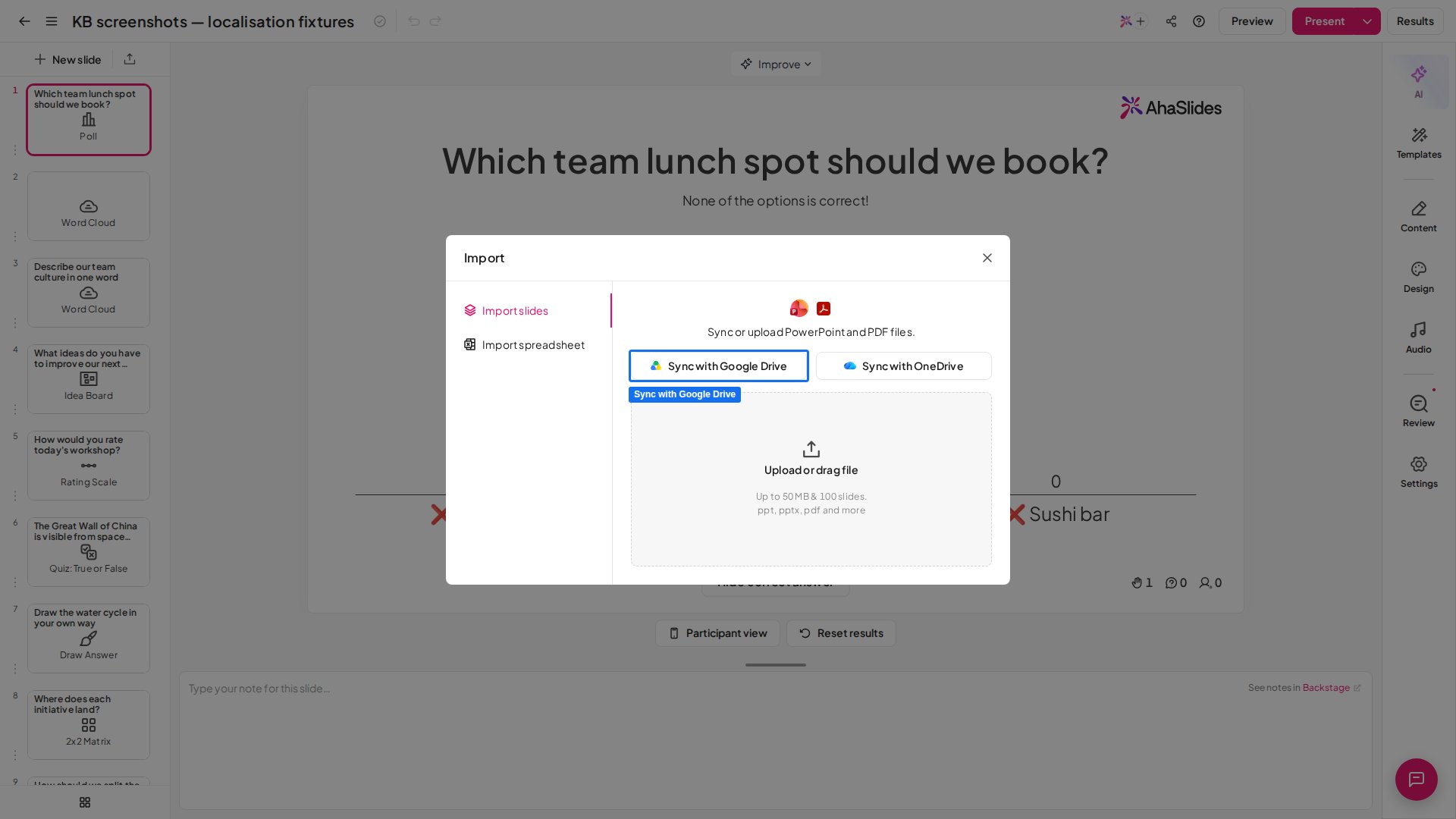 Das Dialogfenster „Import slides“ in AhaSlides mit hervorgehobener Option „Sync with Google Drive“