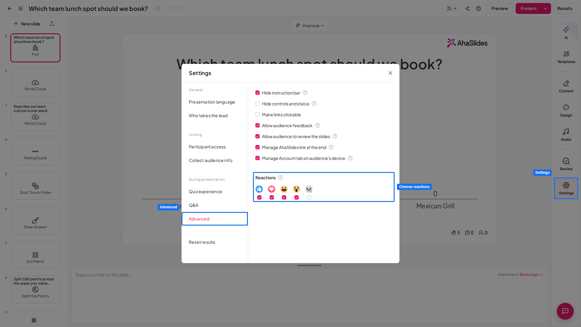 設定が開き、詳細設定タブでリアクションのチェックボックスが強調表示された AhaSlides エディター