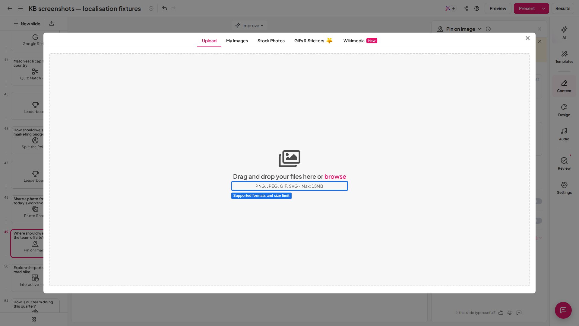 Der Drag-and-drop-Bereich des Bild-Upload-Dialogs mit den akzeptierten Dateiformaten und der maximalen Dateigröße