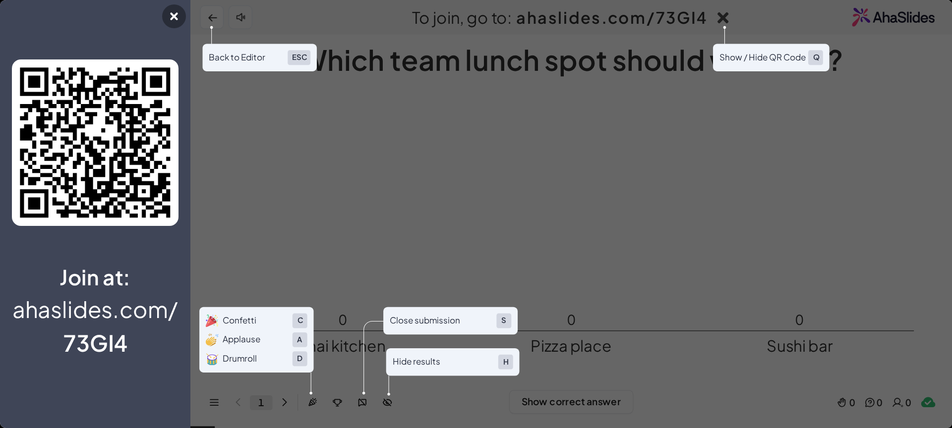 Режим показа AhaSlides с подписями сочетаний клавиш: Back to Editor, Show or Hide QR Code, Confetti и Hide results