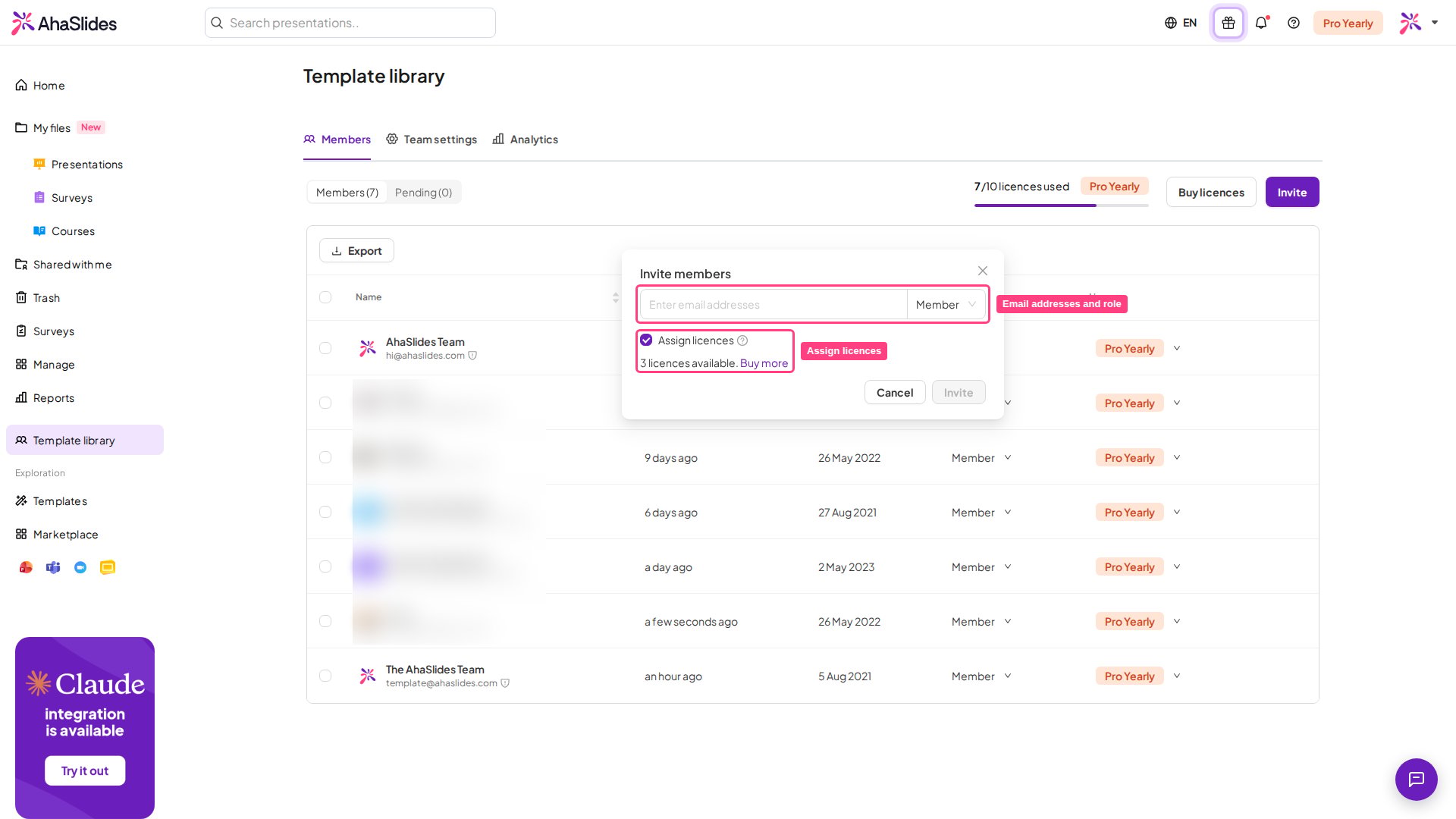 The AhaSlides Invite members window with the email and role field and the Assign licences checkbox highlighted