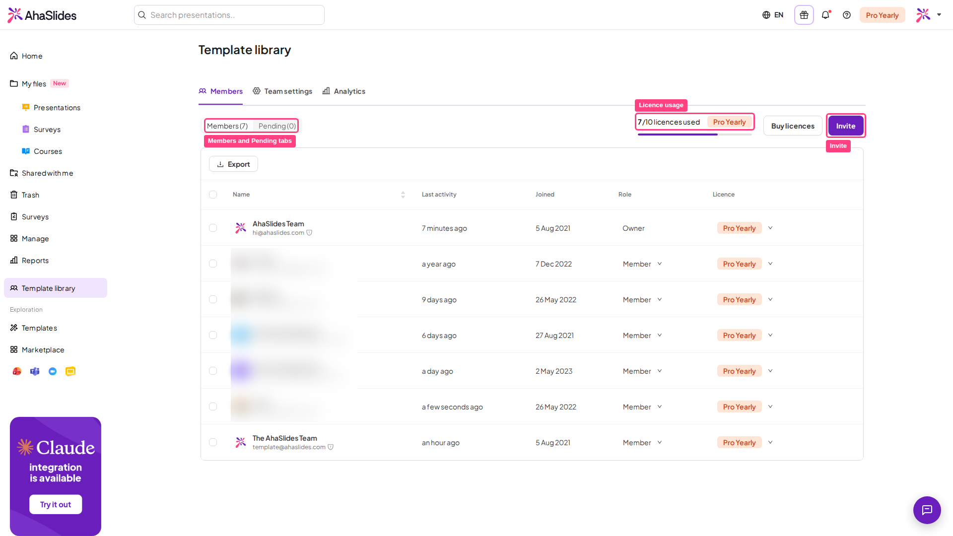 The AhaSlides team members dashboard with the Members and Pending tabs, the licence usage meter and the Invite button highlighted