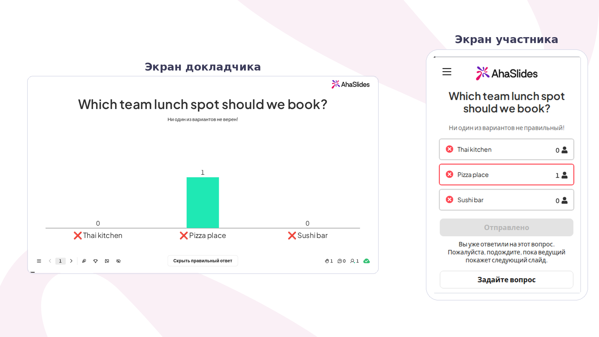 Экран ведущего AhaSlides со слайдом Poll и результатами в реальном времени рядом с экраном участника на телефоне