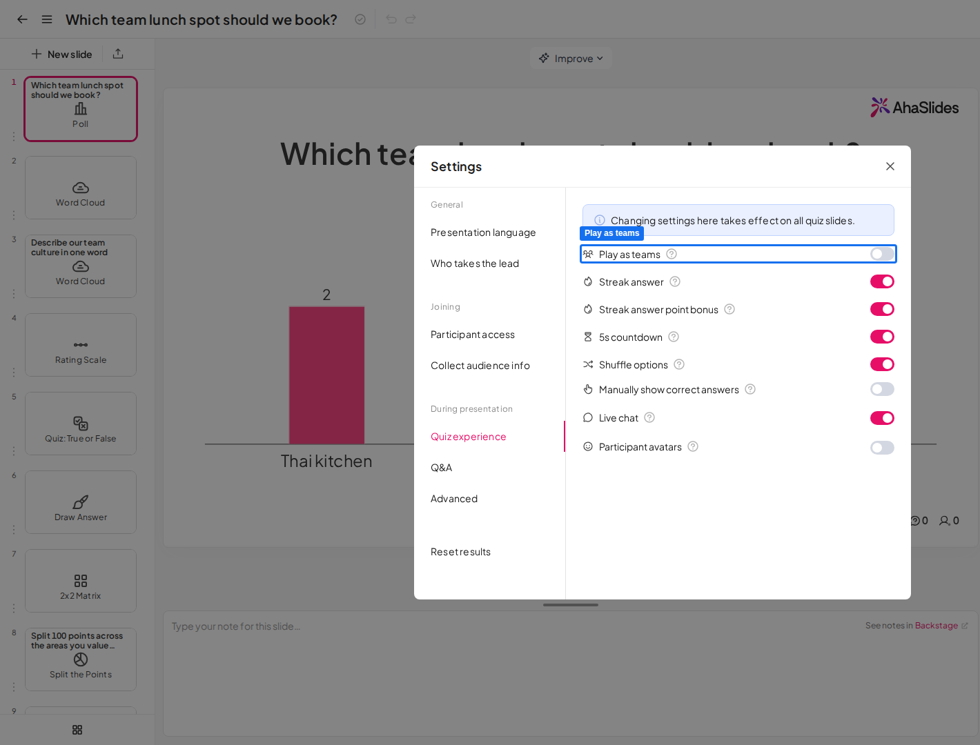 Der Tab „Quiz-Erlebnis“ in den AhaSlides-Einstellungen mit eingeschalteter Option „Spielen Sie als Team“, um ein Team-Quiz durchzuführen