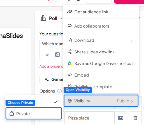 Il menu Share di AhaSlides con l'opzione Visibility aperta, che mostra le scelte Public e Private per la presentazione