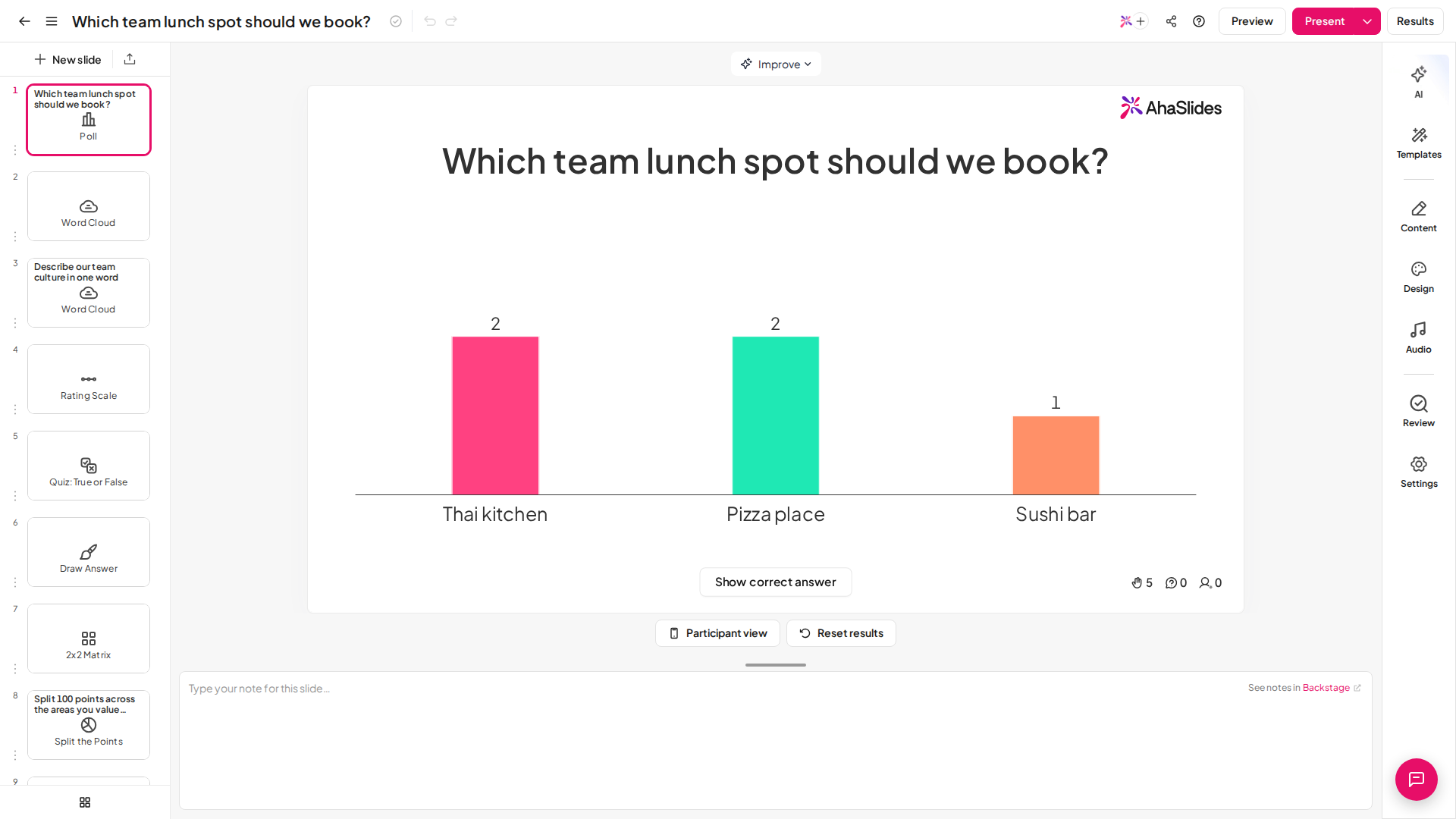 Der AhaSlides-Editor mit einer geöffneten Poll-Folie, die fragt „What would you like to eat“, mit Pizza und Salad als Optionen
