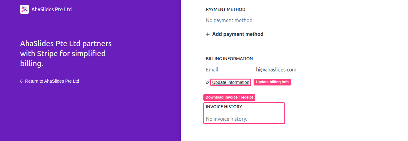 Биллинговый портал AhaSlides с выделенными ссылкой Update information и разделом Invoice History