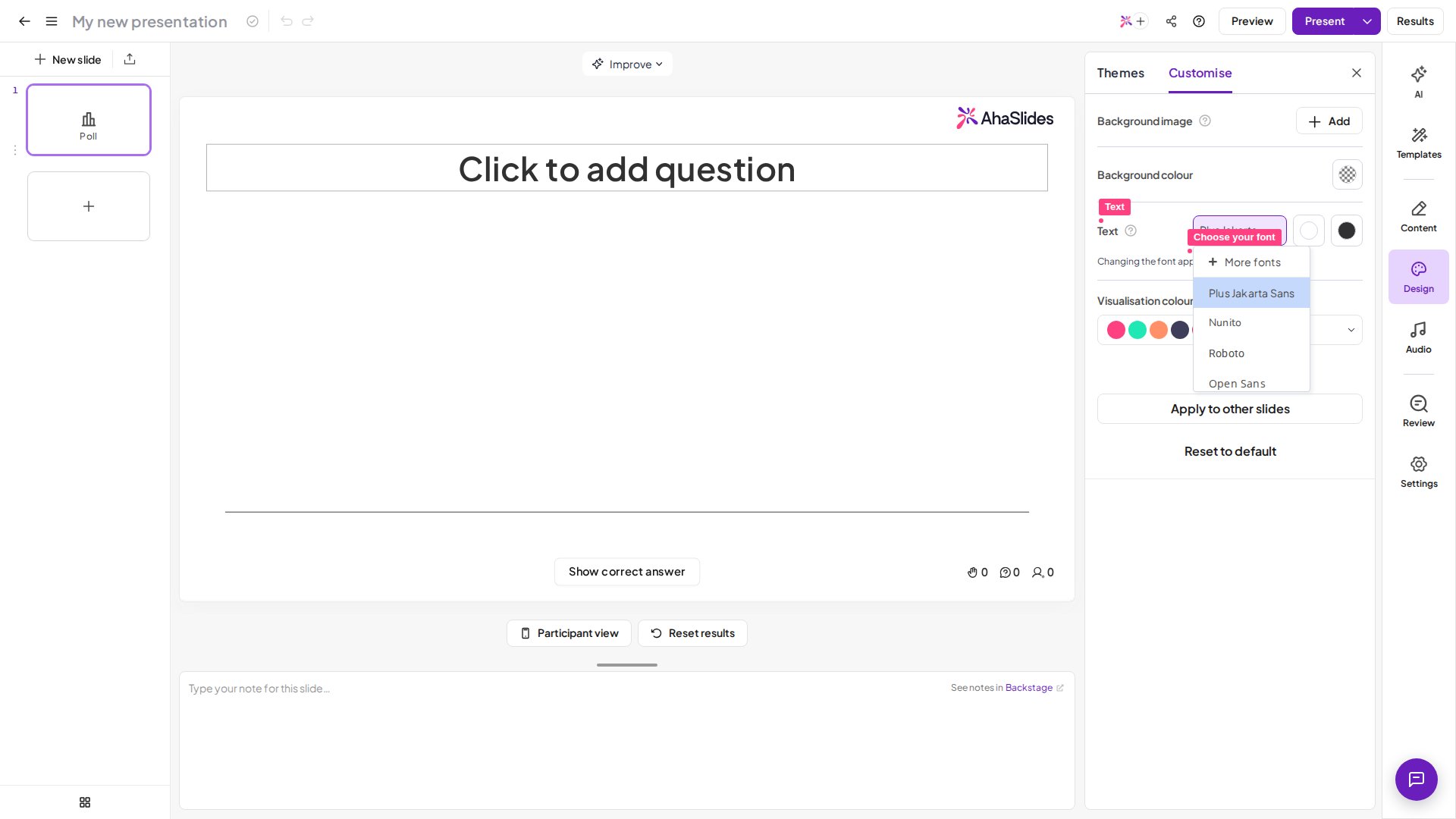 The Text font dropdown open in the AhaSlides Design tab, listing the fonts you can apply to your presentation