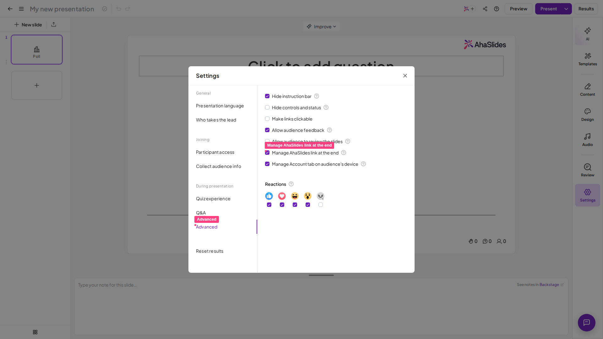 The Advanced tab of the AhaSlides settings menu, with the Manage AhaSlides link at the end option highlighted